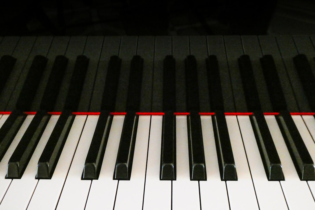 This piano keyboard was in the lounge of a hotel. The keys reflected in the body of the piano.
